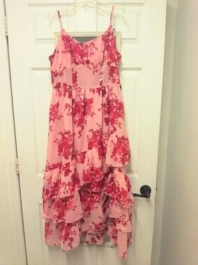 Justify Pink Dress with Red Floral Tiered Ruffles